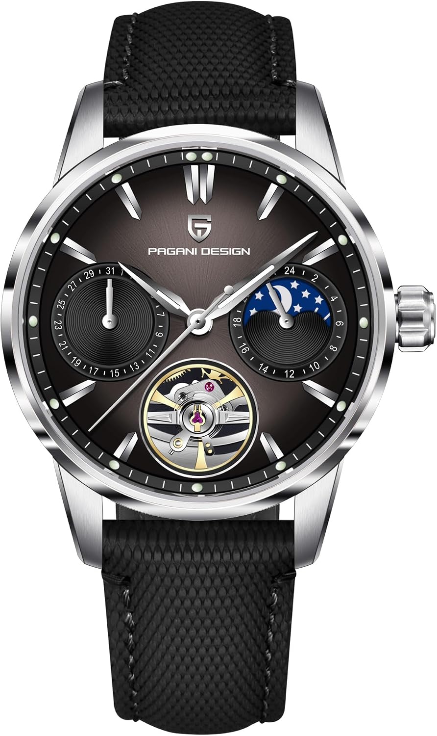 Pagani Design Luxury Men's Automatic Watch Skeleton Tourbillon Moon Phase Stainless Steel 100m Waterproof Leather Strap Men's Mechanical Watch