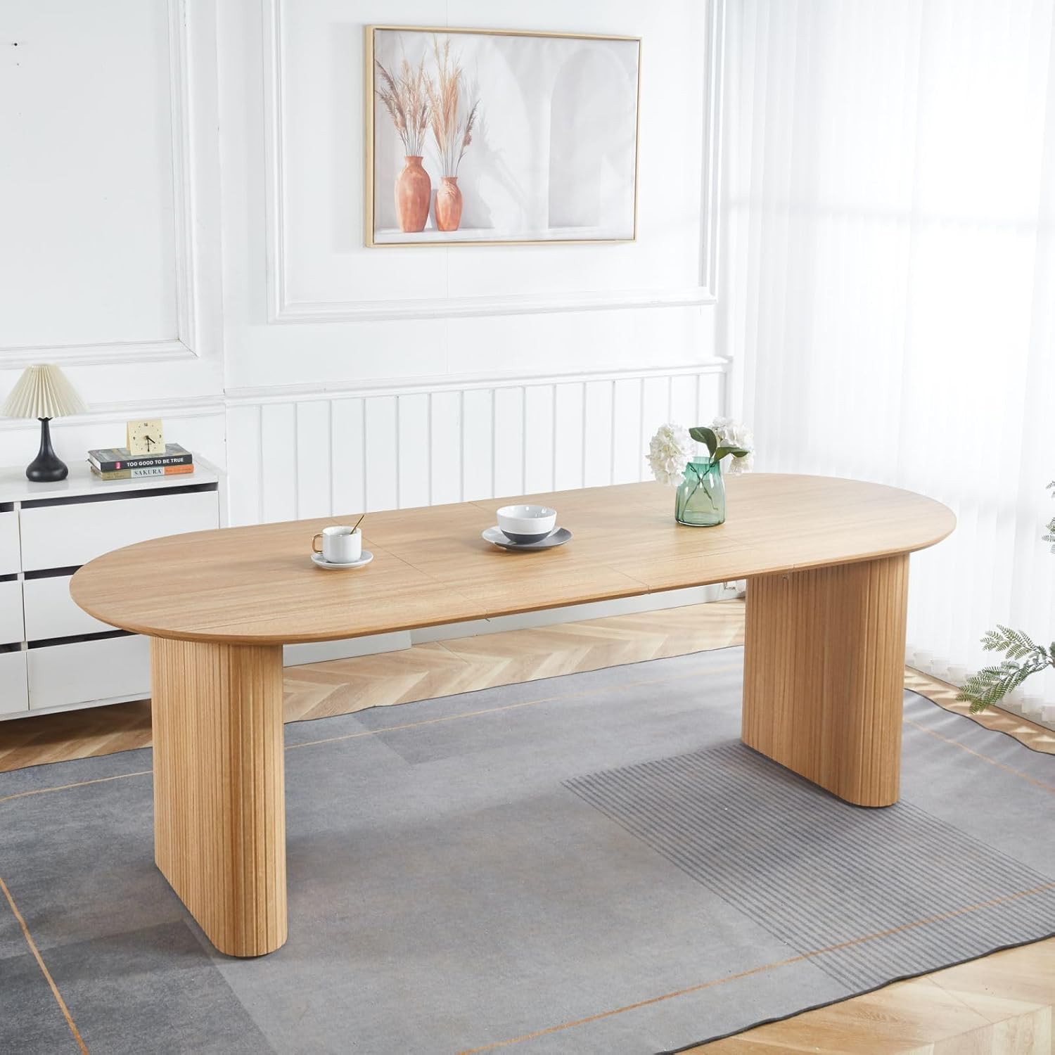90.55' Oval Extensible Dining Table for 4 to 6,MDF Table Top Kitchen Table,Oak