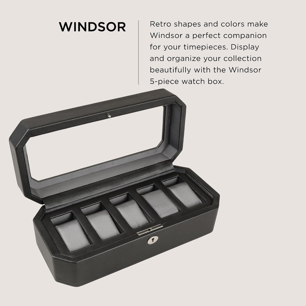 WOLF Windsor 5-Piece Watch Box, Black - Features Five Watch Compartments & Vegan Leather Exterior