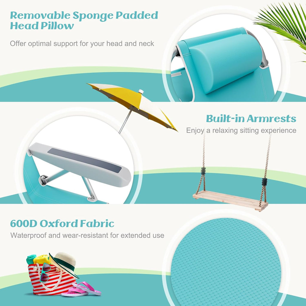 Tangkula Set of 2 Backpack Beach Chair, 5-Position Lightweight Folding Lay Flat Beach Chairs with Storage Bag, 2 Cup Holders, Towel Bar, Backpack Straps