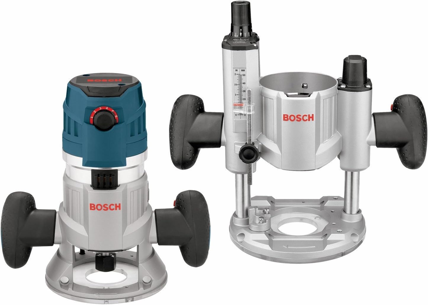 BOSCH MRC23EVSK Combination Router - 15 Amp 2.3 Horsepower Corded Variable Speed Combination Plunge & Fixed-Base Router Kit with 3/8 In. x 1 In. Carbide-Tipped Double-Flute Flush Trim Router Bit