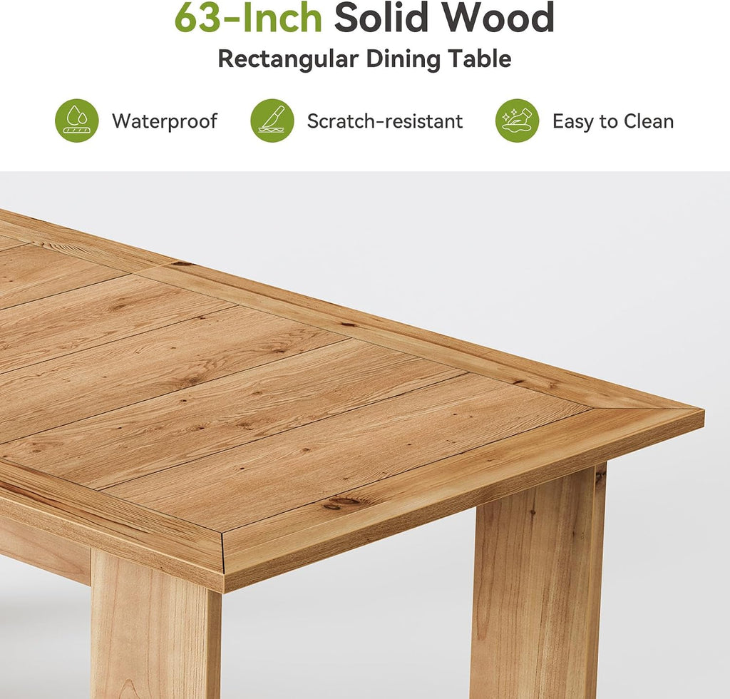 LITTLE TREE Solid Wood Dining Table for 4-6 People, 63 Inches Rectangle Kitchen Table with Heavy Duty Legs, Modern Wooden Furniture for Living Room, Dining Room, Wood Color
