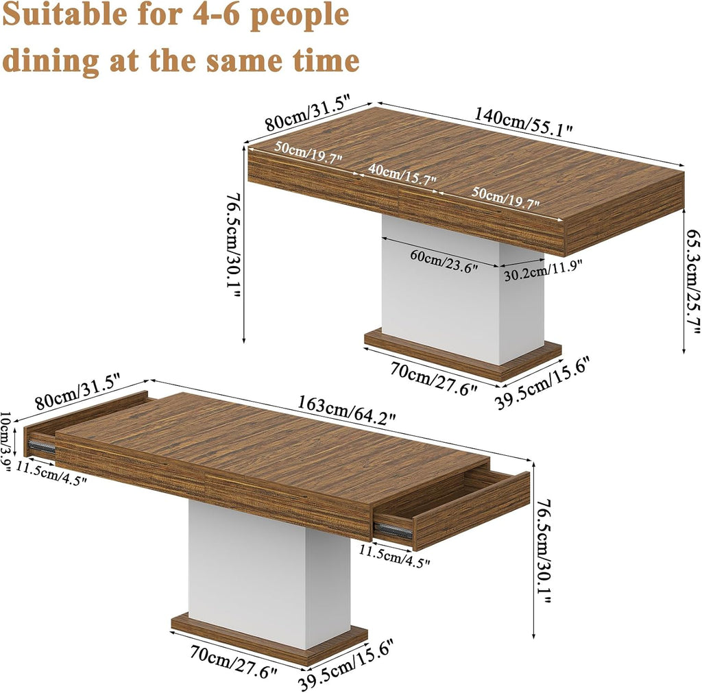 Dining Table with Drawers for 4-6 People, 55 Inches Dinner Table with Led Lights Wooden Pedestal Base, Rectangular Kitchen Table for Kitchen, Living Room, White& Rustic Brown