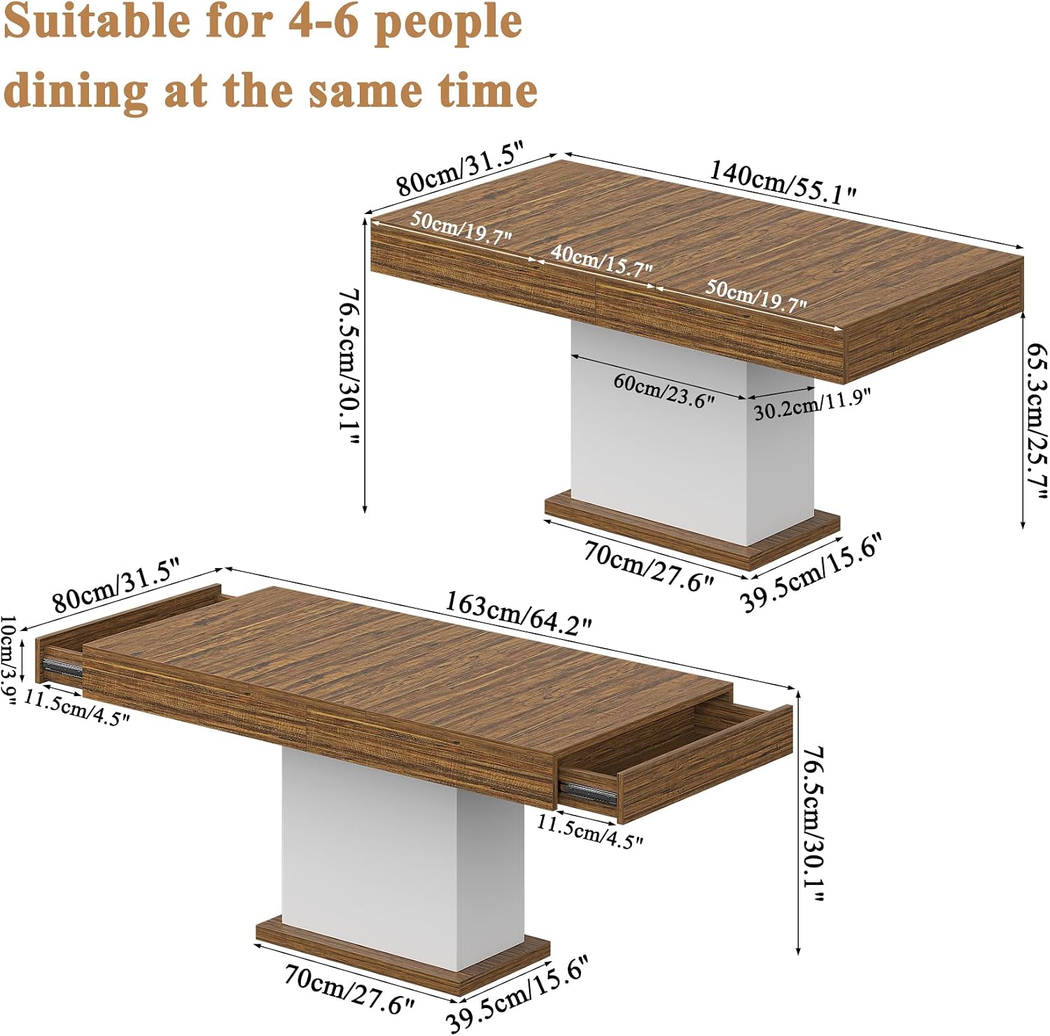 Dining Table with Drawers for 4-6 People, 55 Inches Dinner Table with Led Lights Wooden Pedestal Base, Rectangular Kitchen Table for Kitchen, Living Room, White& Rustic Brown