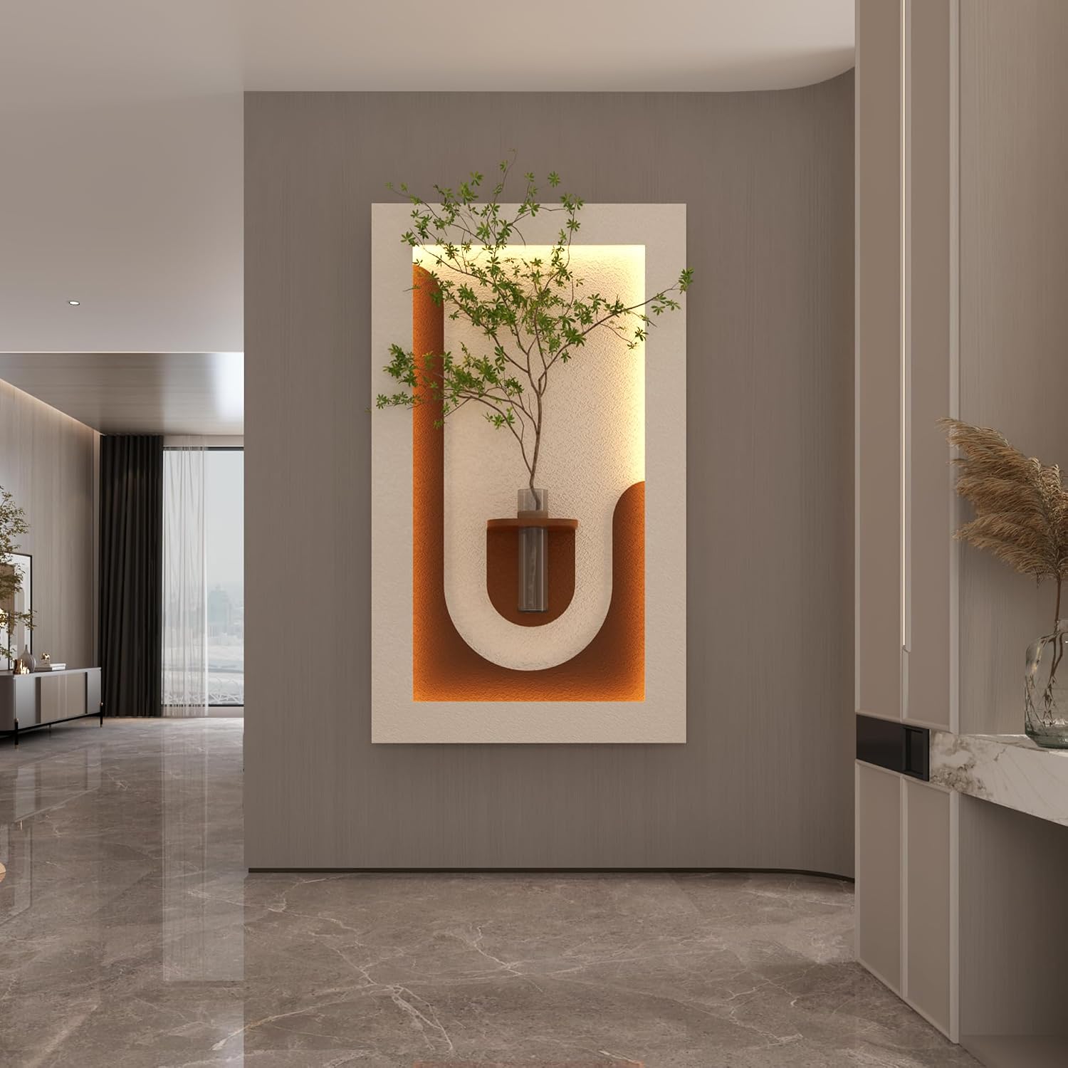 Montary 3D Sandstone Art Painting, Adjustable 3-Color LED Sandstone Wall Decor with Simulated Green Plants - 3D Art Sculpture, Glass Vase & Rabbit Statue, for Living Room, Bedroom, Hallway