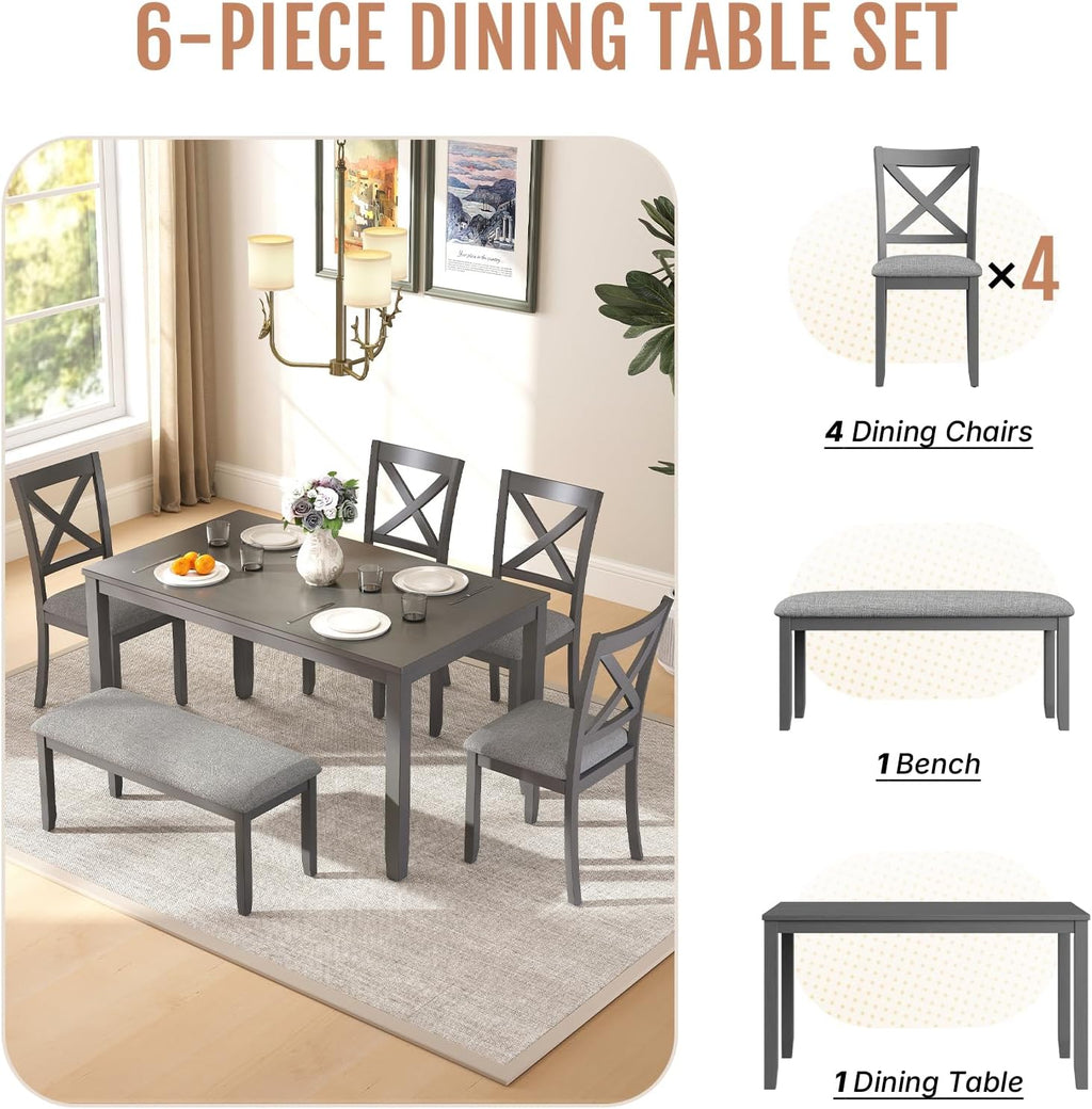 Zevemomo 6-Piece Wooden Dining Table Set, Dining Table Set for 6, Including 1 Dining Table, 4 Upholstered Chairs and 1 Bench, Wooden Legs Dining Table, Table Set for Dining Room, Grey