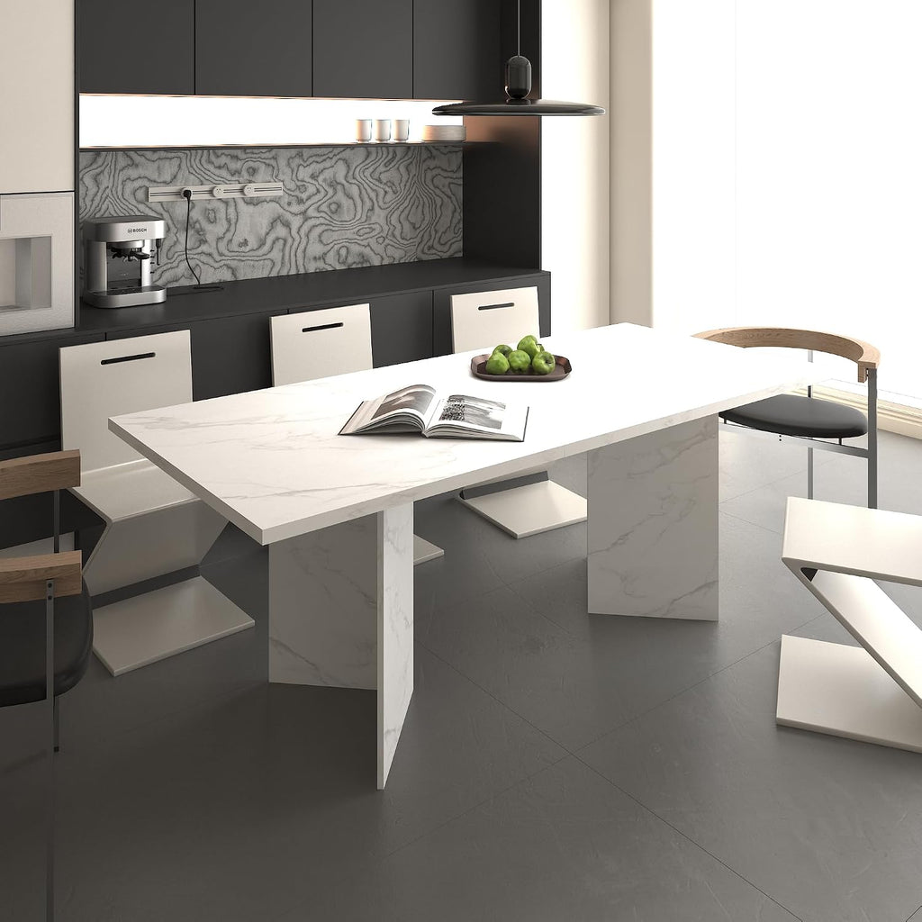78.74'' Extendable Rectangular Dining Table with for 4-8, Modern Wood Expandable Kitchen Dinner Conference Table for Living Room Office, White Faux Marble