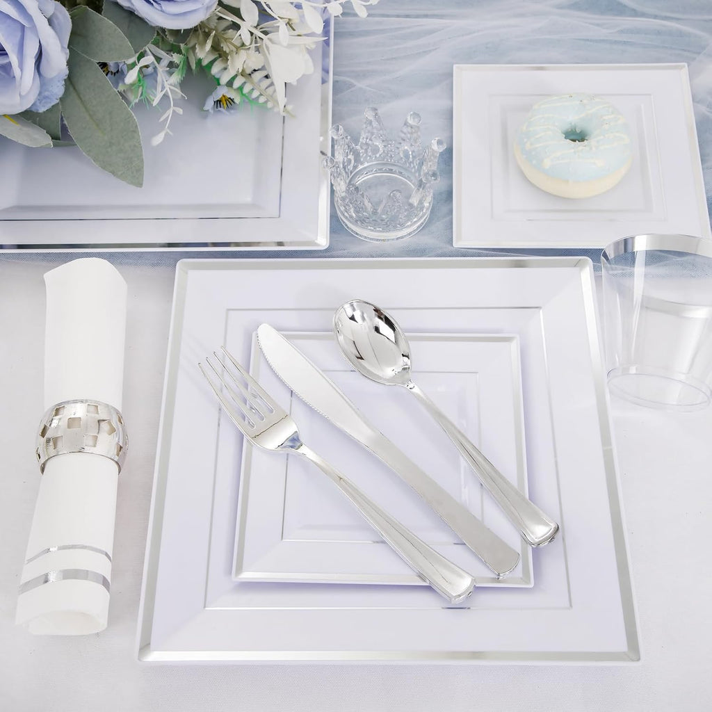 Festiva 350Pcs Silver Plates &350Pcs Clear Plastic Plates with Gold Trim