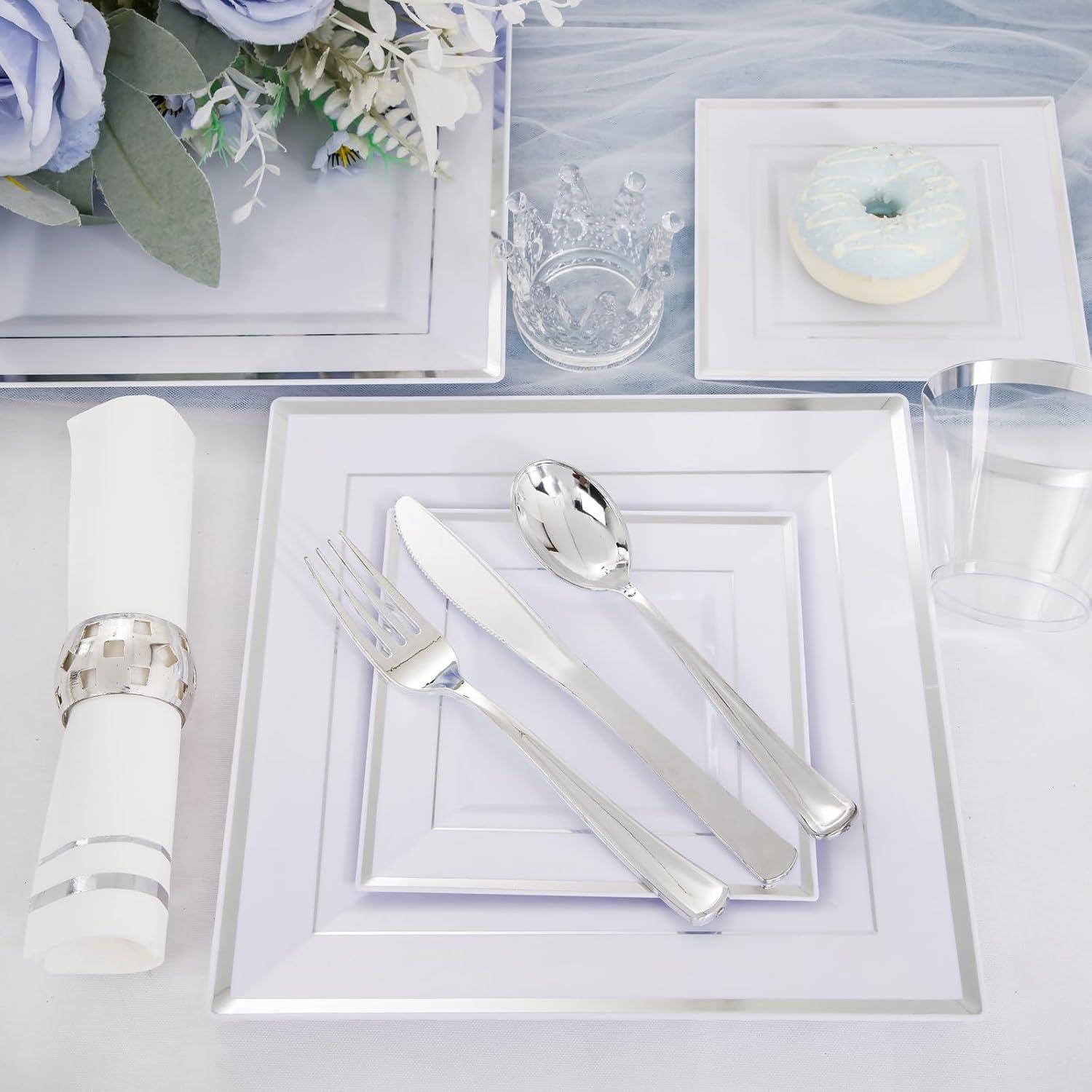 Festiva 350Pcs Silver Plates &350Pcs Clear Plastic Plates with Gold Trim