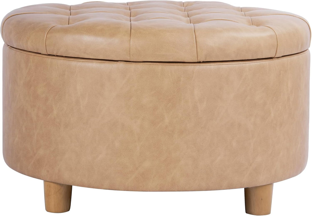 HomePop Home Decor | Button Round Storage Ottoman | Ottoman with Storage for Living Room & Bedroom, Light Camel Faux Leather