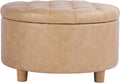 HomePop Home Decor | Button Round Storage Ottoman | Ottoman with Storage for Living Room & Bedroom, Light Camel Faux Leather