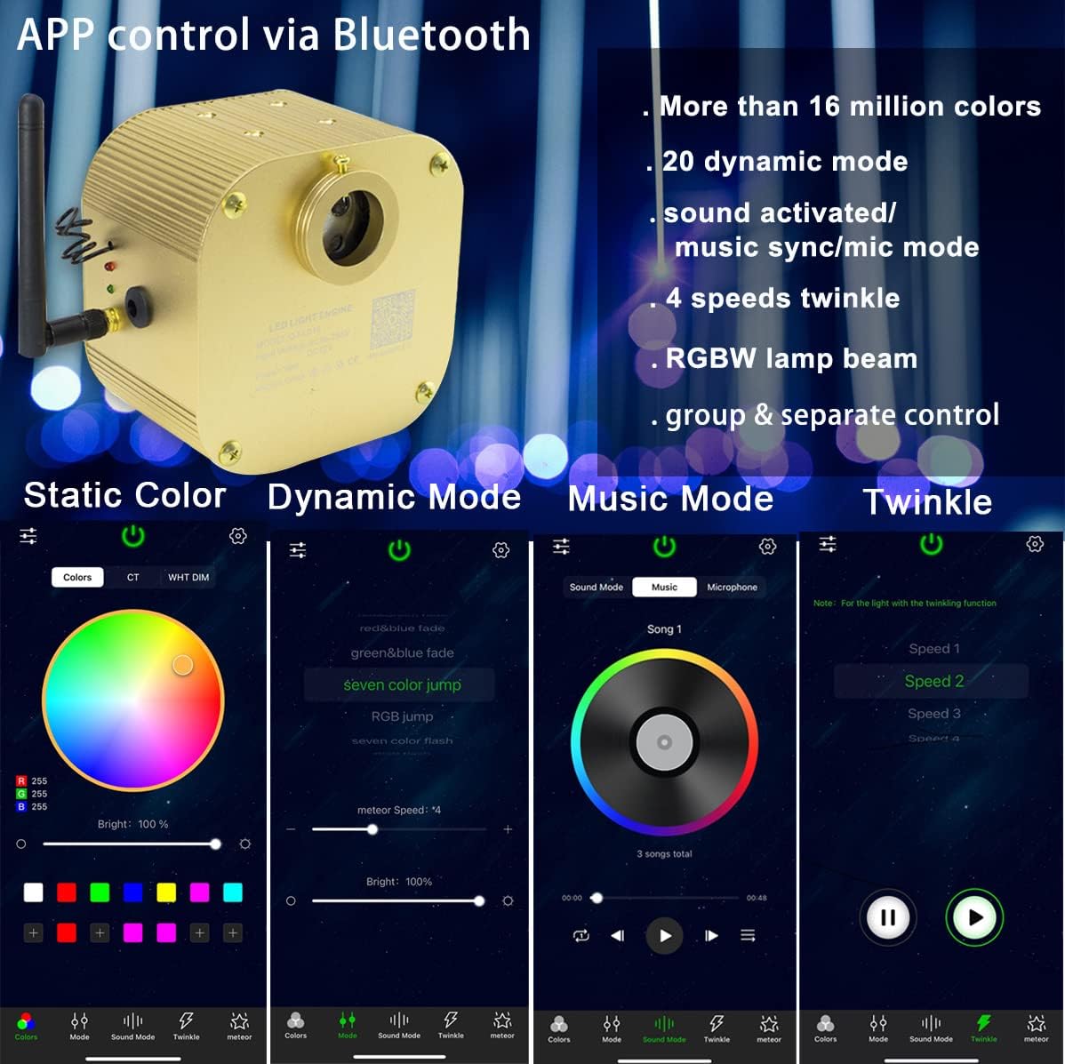 AZIMOM Bluetooth16w Twinkle Fiber Optic Lights Star Ceiling Lighting Kits Mixed 335pcs 13.1ft Fiber Strands End Glow RGBW Music Mode Light Source Car Use Headliner Home Decor