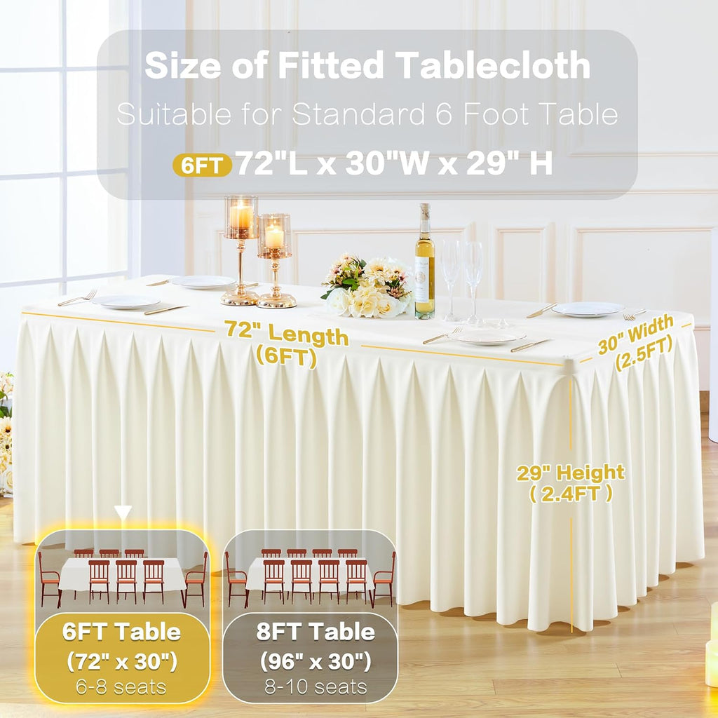 8 Pack Ivory Rectangle Tablecloth 6 FT Stretch Spandex Fitted Table Cloth for 6 Foot Rectangle Tables Banquet Tablecloths Wrinkle Free Table Cover Skirt Ruffle Tablecloth for Party Wedding Birthday