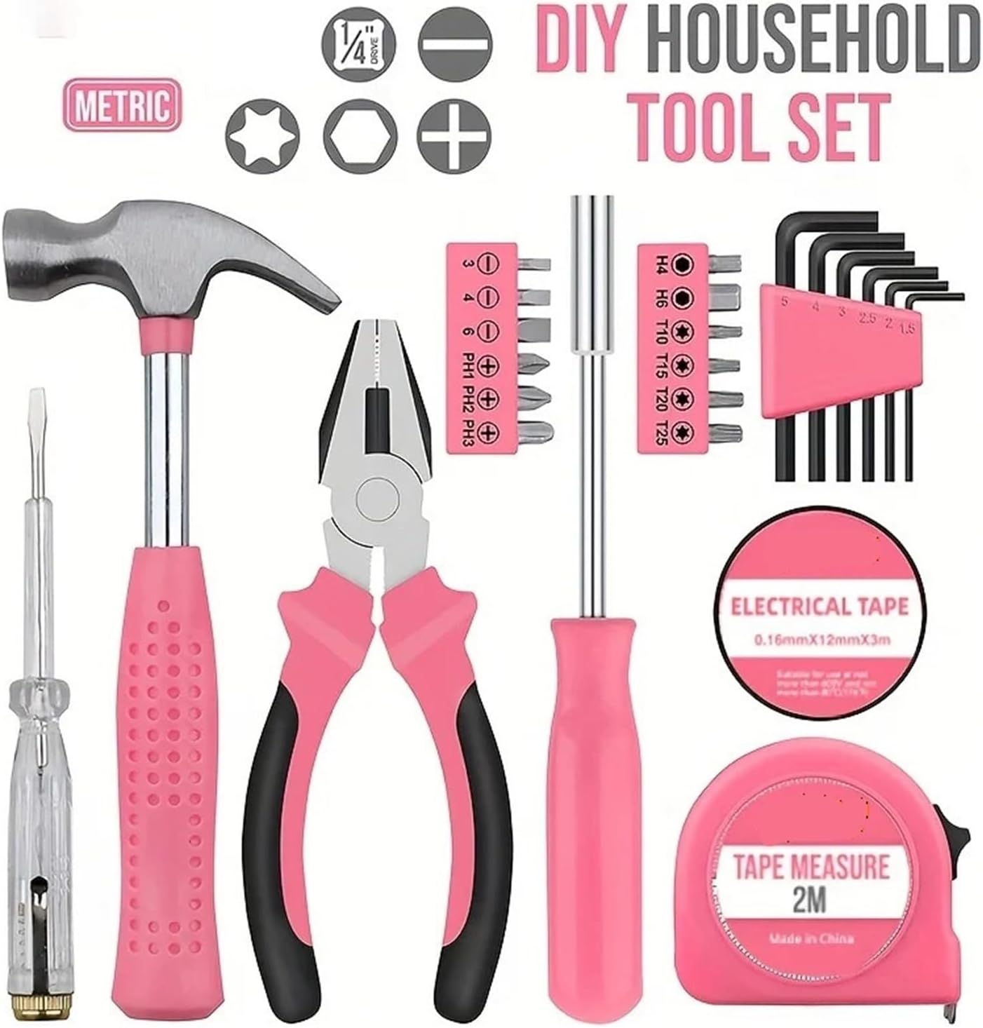 13pcs pink household manual toolbox, including pliers, tape measure hammers, and other tools, can be used Compatible with home repairs.(Hammer style)