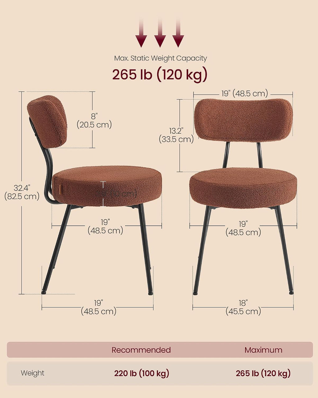 VASAGLE Boucle Dining Chairs Set of 4, Upholstered Kitchen Dining Room Chairs with Curved Backrest and Steel Frame, Modern Mid Century, Round, for Vanity, Living Room, Coffee Brown UKDC110K01-2J