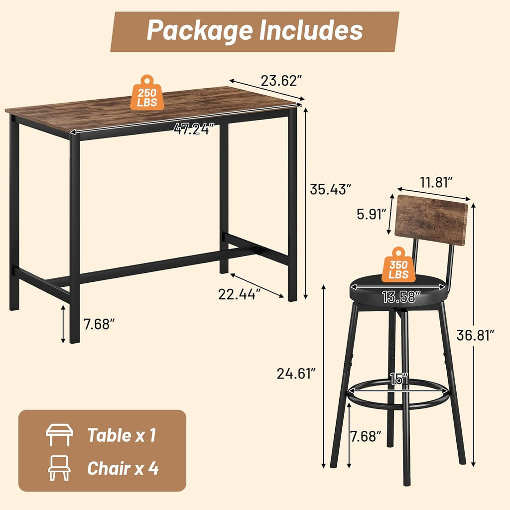 Zevemomo 5-Piece Dining Table Set, Bar Table Set for 4, Kitchen Table and Chairs, Counter Height High Top Table with 4 PU Upholstered Stools, Space-Saving Pub Table Sets for Small Space, Brown & Black