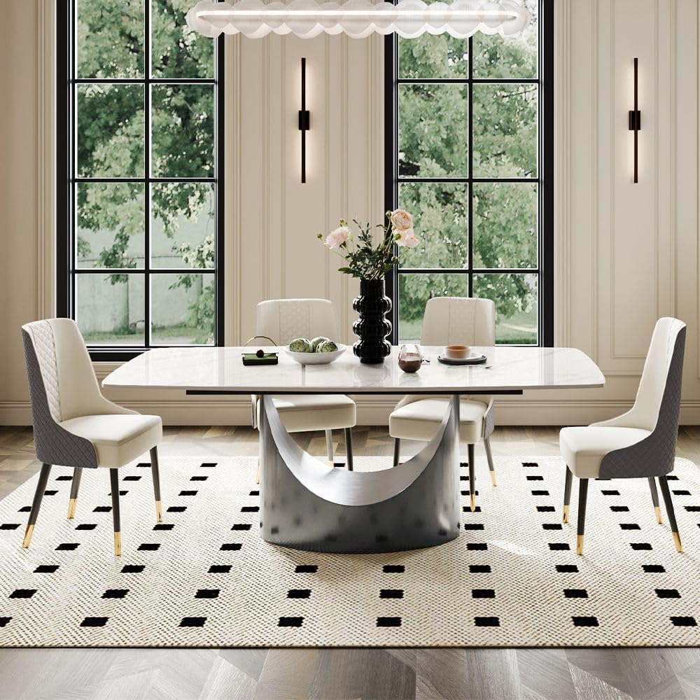 POVISON 71' Modern Dining Table for 6, Glossy White Dining Room Table, Sintered Stone Minimalist Tabletop with Gray Carbon Steel Pedestal, 71 inch Rectangle Dining Table (Table Only)