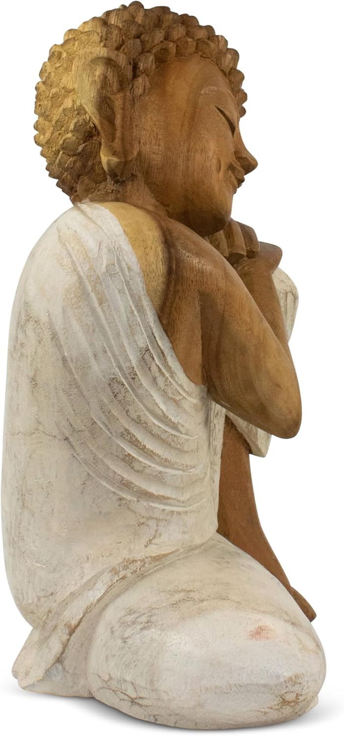 G6 Collection Wooden Serene Sleeping Buddha Statue Hand Carved Figurine Home Decor (16' Tall – Whitewashed)