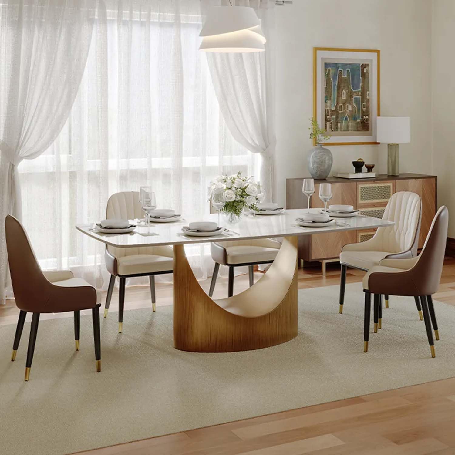 POVISON 71' Hobart Modern Rectangular Dining Table for 6, Glossy White Sintered Stone Tabletop with Bronze Carbon Steel Pedestal for Dining Room (Table Only