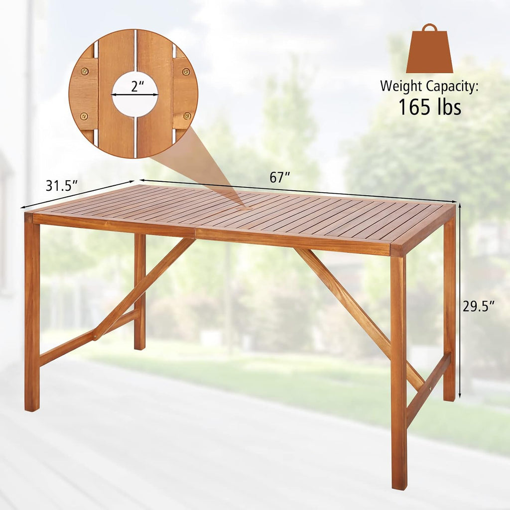 Tangkula 67' Acacia Wood Outdoor Dining Table for 6, Rectangle 6-Person Patio Table with 2' Umbrella Hole & Spacious Slatted Tabletop, Indoor Outdoor Dining Furniture for Deck, Garden, Poolside & Yard
