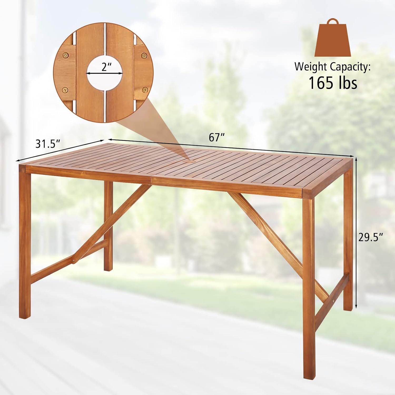 Tangkula 67' Acacia Wood Outdoor Dining Table for 6, Rectangle 6-Person Patio Table with 2' Umbrella Hole & Spacious Slatted Tabletop, Indoor Outdoor Dining Furniture for Deck, Garden, Poolside & Yard