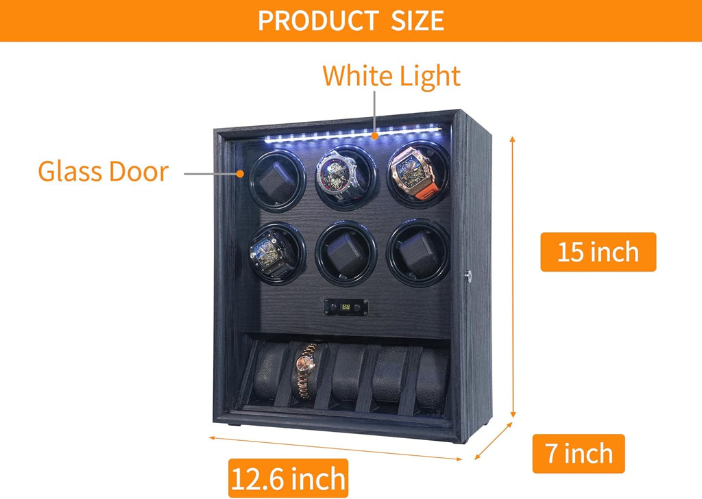 Watch Winder for 2/4/6/8 Automatic Watches, Watch Rotator for Rolex 15 Rotation Modes Display Box White Light, Watches Winder Case with USB-C Adapter, Present for Men Quiet Mabuchi Motor(≤5db)