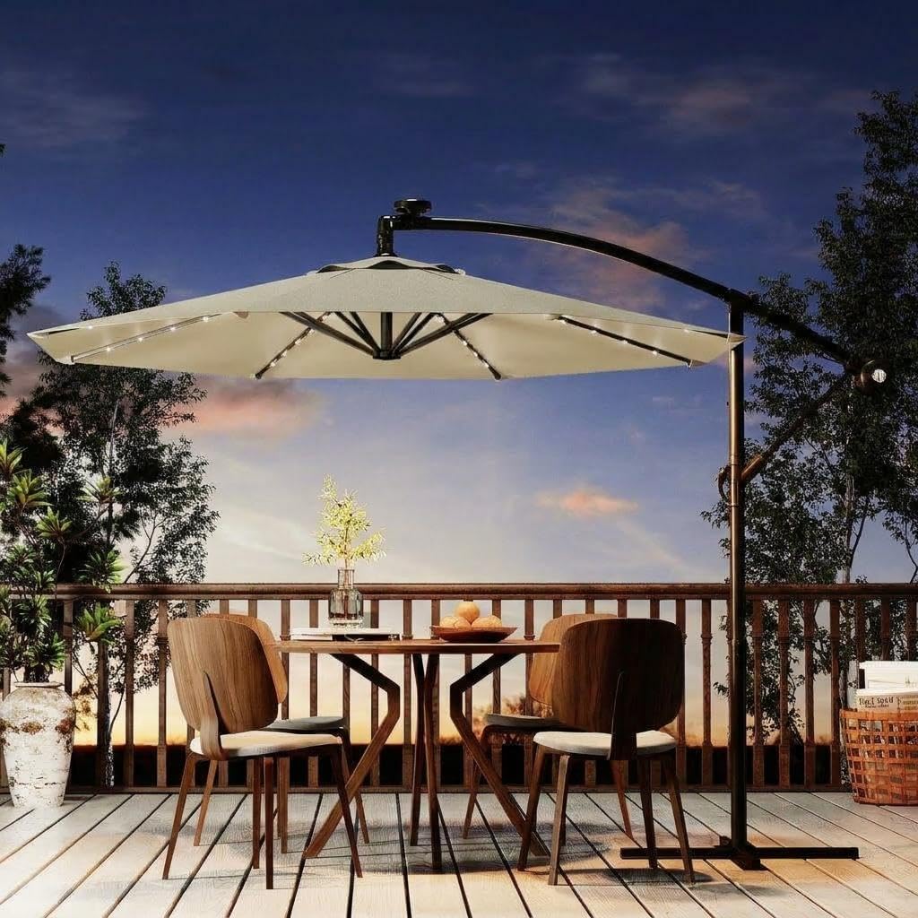 Garvee 10FT Solar Lights Cantilever Umbrella Outdoor Patio, Offset Patio Umbrella with Easy Lift & Tilt Adjustment, UV Protection Fade Resistant for Deck, Pool, Garden, Beige