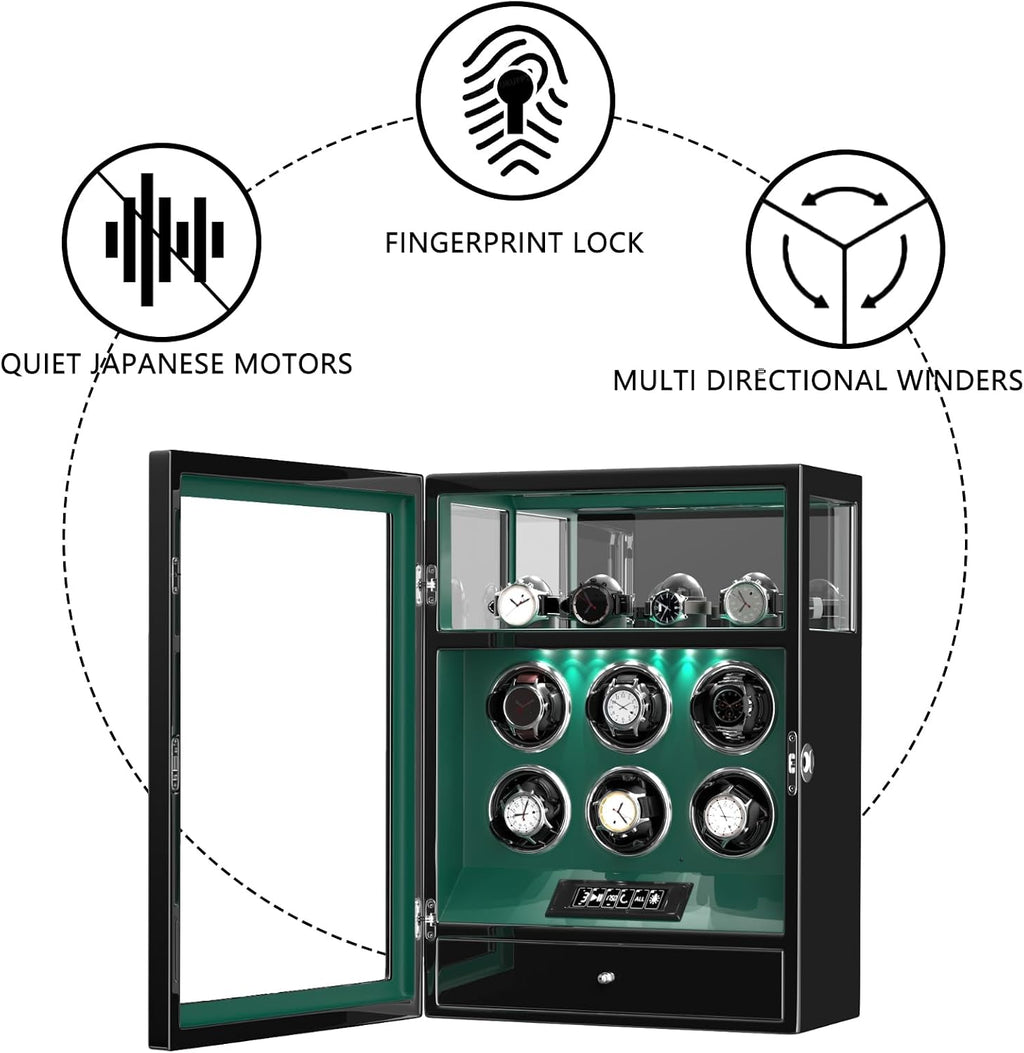 DUKWIN Watch Winder, Fingerprint Lock Automatic Watch Winder for 3/6/9 Watches with 4 Holders,300-2300 TPD,Digital Display, Remote Control,Jewelry Storage and Adjustable Watch Pillow and LED Light