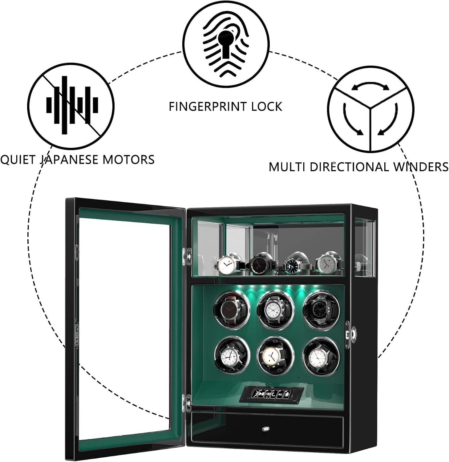 DUKWIN Watch Winder, Fingerprint Lock Automatic Watch Winder for 3/6/9 Watches with 4 Holders,300-2300 TPD,Digital Display, Remote Control,Jewelry Storage and Adjustable Watch Pillow and LED Light