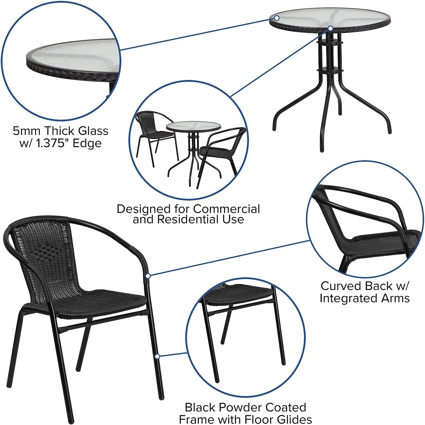 Flash Furniture Lila 28'' Round Glass Metal Table with Black Rattan Edging and 2 Black Rattan Stack Chairs