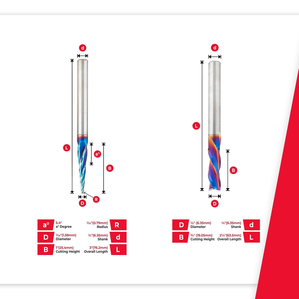 Amana Tool Spektra Coated Solid Carbide General Purpose CNC Spiral Plunge, V-Groove and Signmaking Router Bit Pack, AMS-270-K 4-Pc, 1/4 Inch Shank