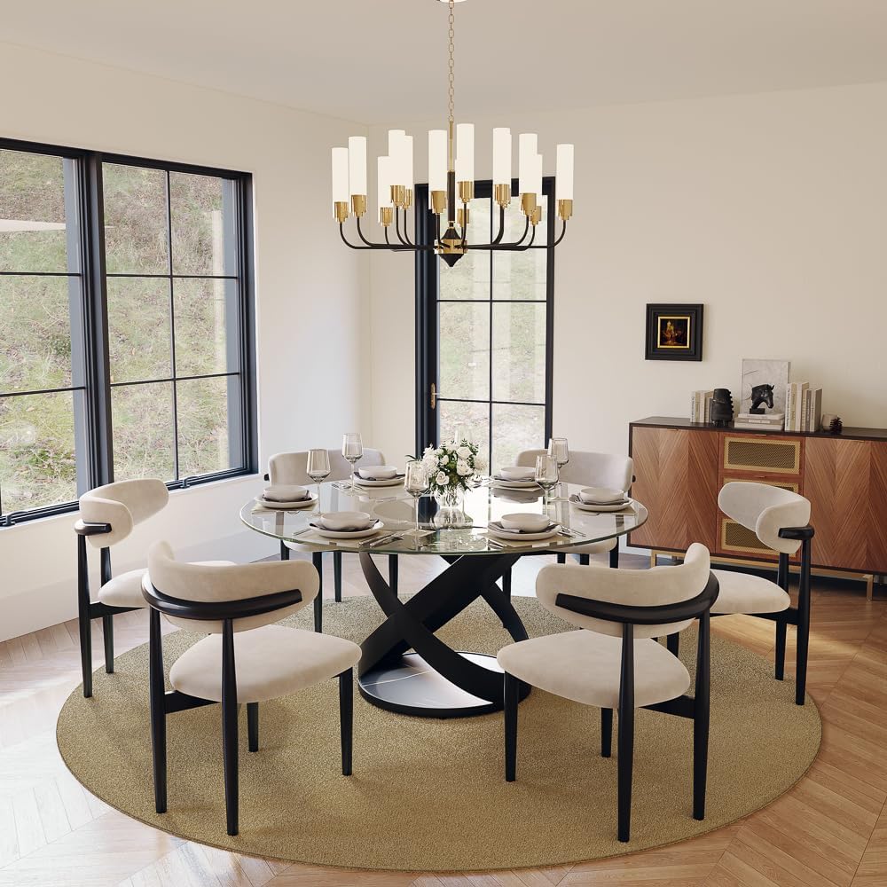 POVISON 59' Modern Round Dining Table, Glass Round Kitchen Table for 6, Glass Dining Room Table Top with Black X Carbon Steel Base for Dining Room (Dining Table Only)
