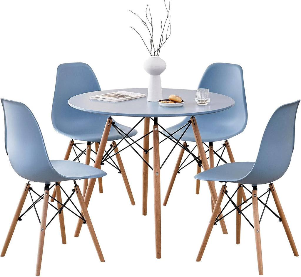 5-Piece Round Dining Table Set, Small 35.5' Kitchen Table Chairs Set of 4 Space Saving Furniture, Plastic Seats, Solid Wood Legs, for Living Room Apartment Office Home, Blue
