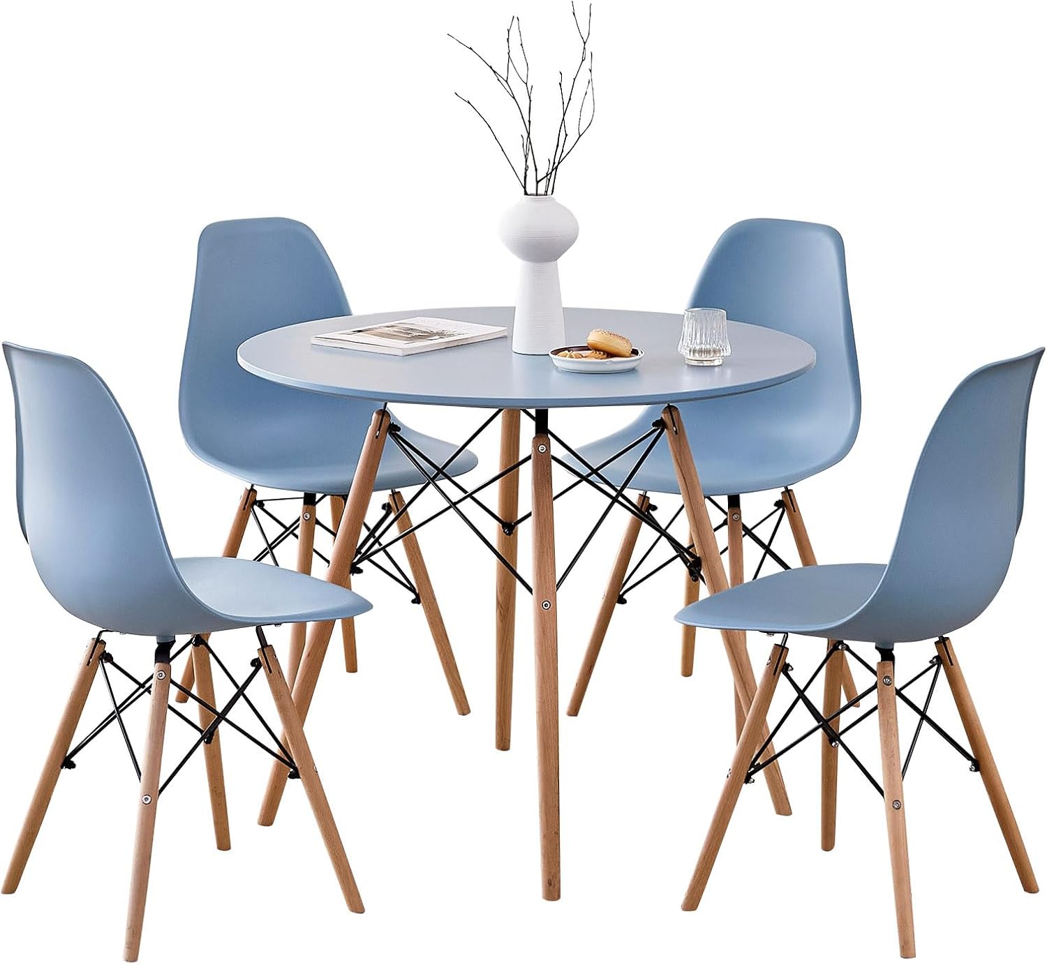 5-Piece Round Dining Table Set, Small 35.5' Kitchen Table Chairs Set of 4 Space Saving Furniture, Plastic Seats, Solid Wood Legs, for Living Room Apartment Office Home, Blue