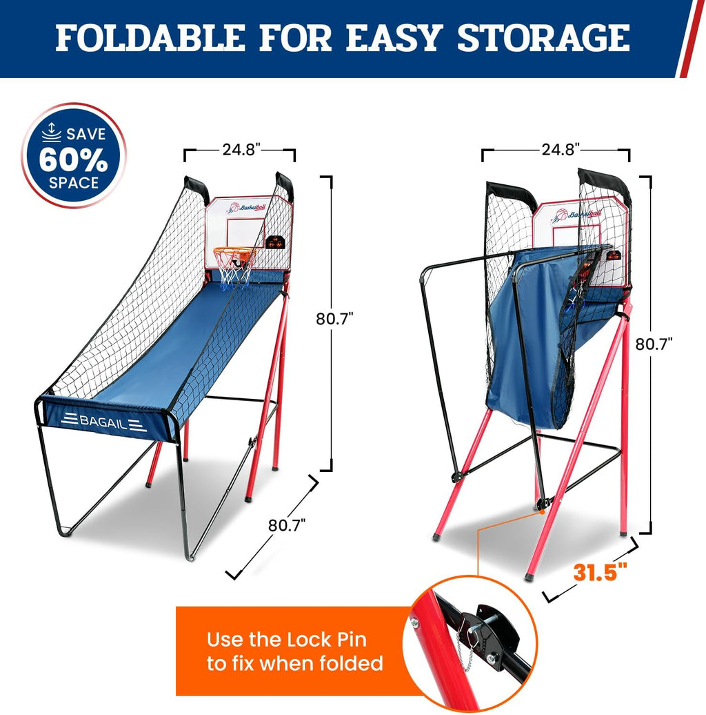 BAGAIL Basketball Arcade Game, Electronic Basketball Shooting Game, Arcade Sounds, Foldable Frame, 3 Balls, Inflation Pump, Ideal Indoor Sport Games - Single Shot