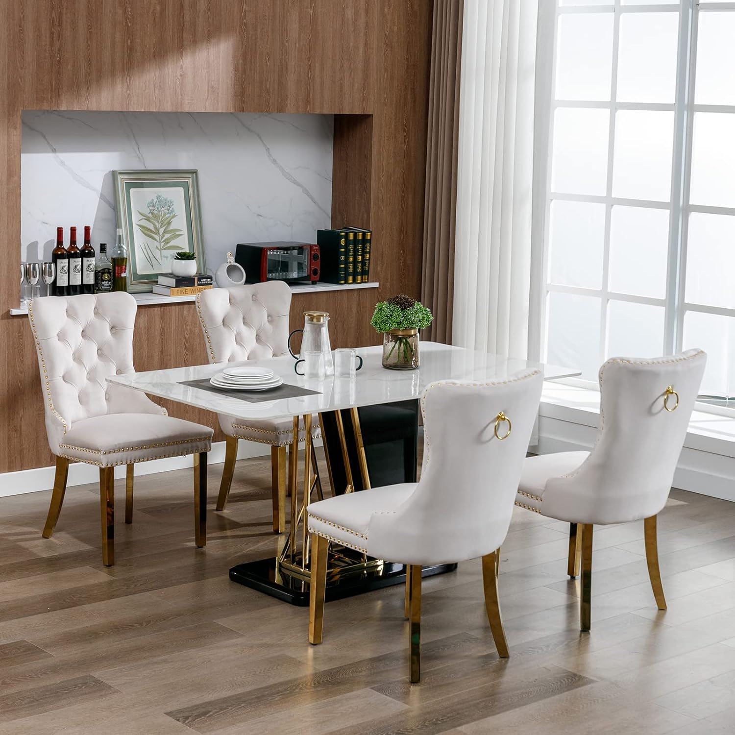 ODUSE-DAILY Velvet Dining Chairs Set of 4, Kitchen & Dining Room Chairs Set of 4, Tufted Dining Chairs, Velvet Upholstered, Golden Metal Legs (Beige)
