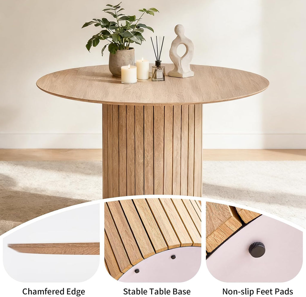 47' Round Dining Table for 4, Farmhouse Kitchen Table [Chamfered Edge Tabletop] Circle Pedestal Dinner Table, φ47.2'x29.5'H, Natural