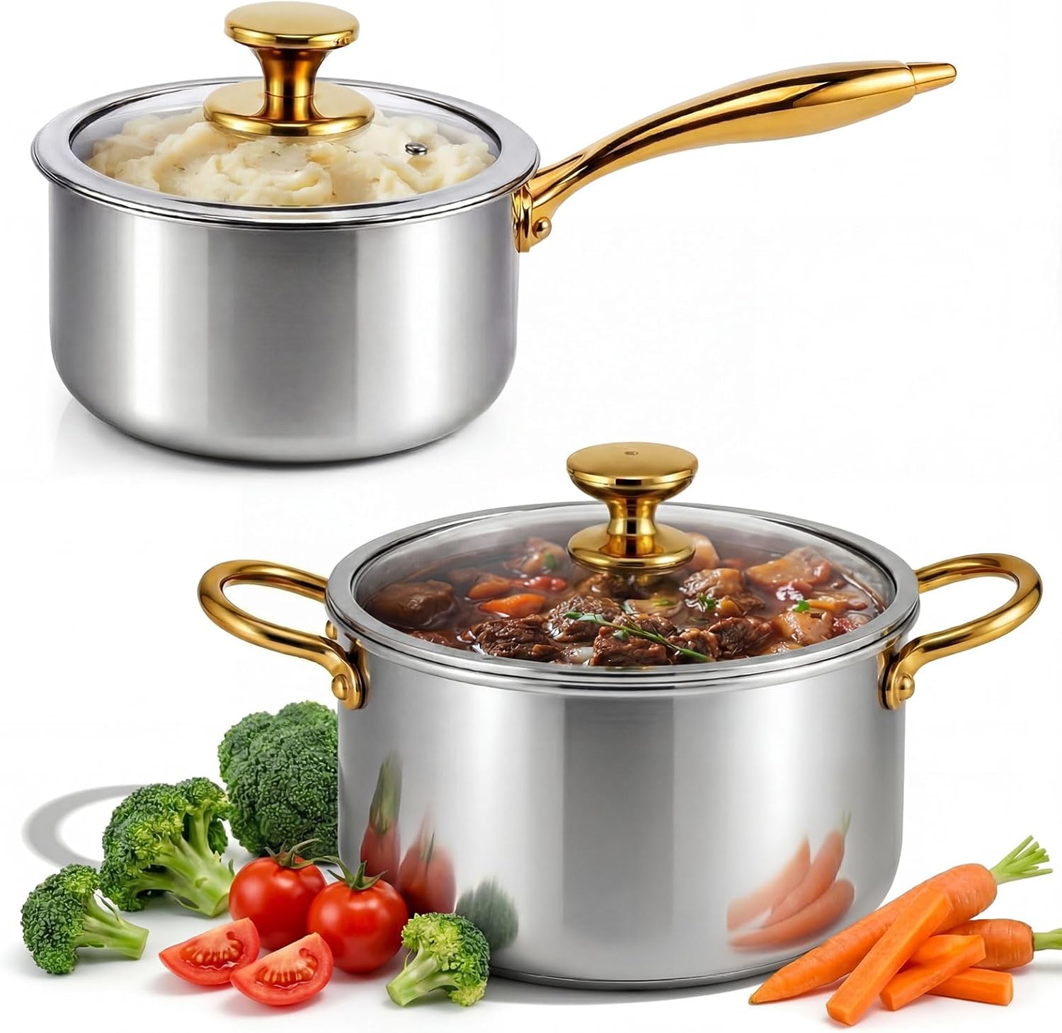 LemonRoad 2 Pieces Titanium Cookware Set, 7.68'' and 9.45'' Pots and Pans with Lids Triply Titanium No Coat Technology Safe for Oven, Induction and Cook Tops, Dishwasher Safe (Saucepans)