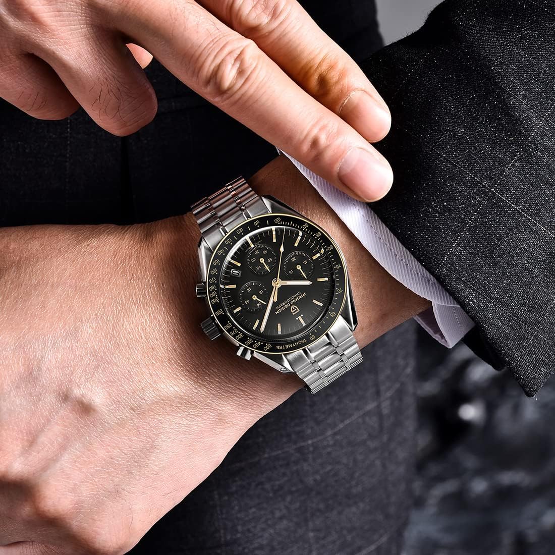 Pagani Design 1701 Men's Watch, Chronograph, VK63 Japanese Quartz Movement, Stainless Steel Bracelet, Water Resistant to 330 Feet (100 Meters), Sapphire Glass Wristwatch.