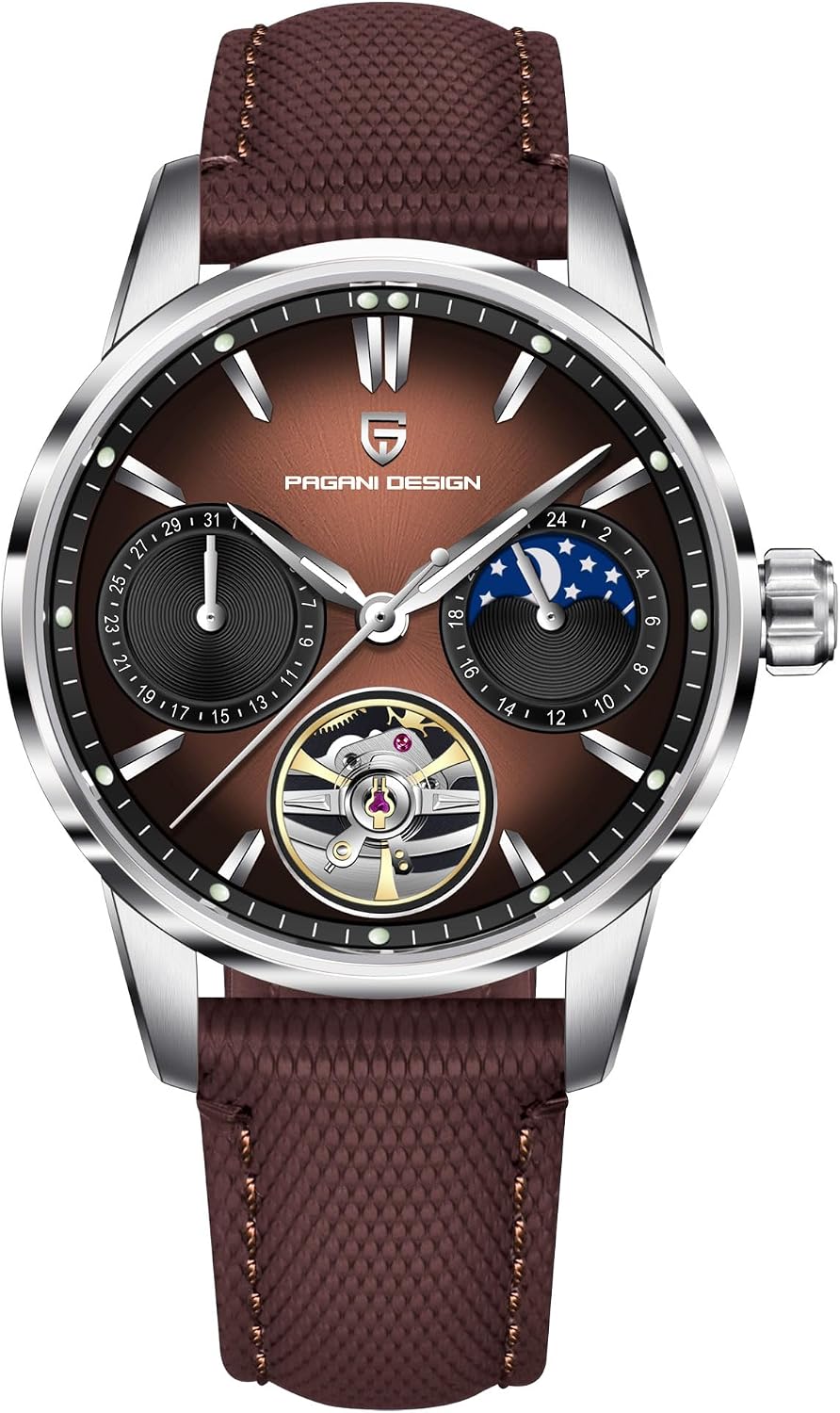 Pagani Design Luxury Men's Automatic Watch Skeleton Tourbillon Moon Phase Stainless Steel 100m Waterproof Leather Strap Men's Mechanical Watch
