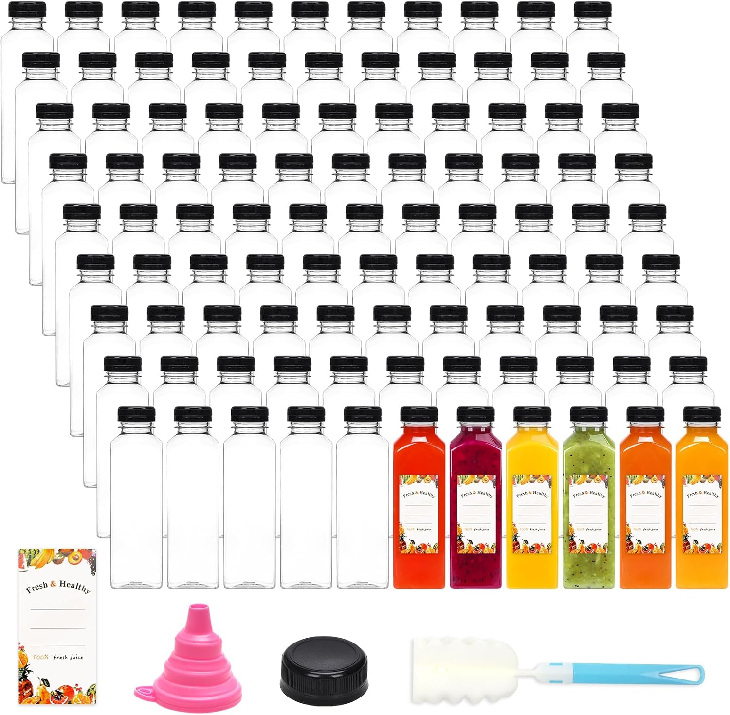 Moretoes 160pcs 16oz Plastic Juice Bottles with Caps, Clear Empty Reusable Bottles with Brush Funnel and Labels for Smoothies and Other Beverages