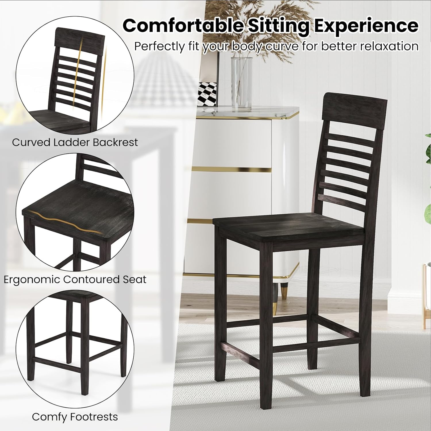 Giantex 3-Piece Dining Table Set for 2, Counter-Height Square Kitchen Table and Chairs Set with Rubber Wood Frame, Curved Back, Footrest, Bar Table Set for Small Place Dinette Breakfast Nook