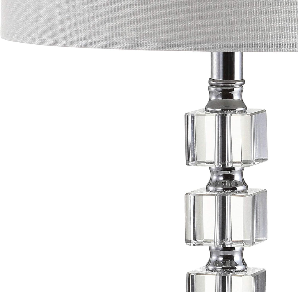 JONATHAN Y 22' Clear Crystal and Chrome Stacked Cube Table Lamp Set of 2, Glam Contemporary Nightstand Lamps with White Linen Drum Shade, LED Bulbs Included JYL5040A-SET2