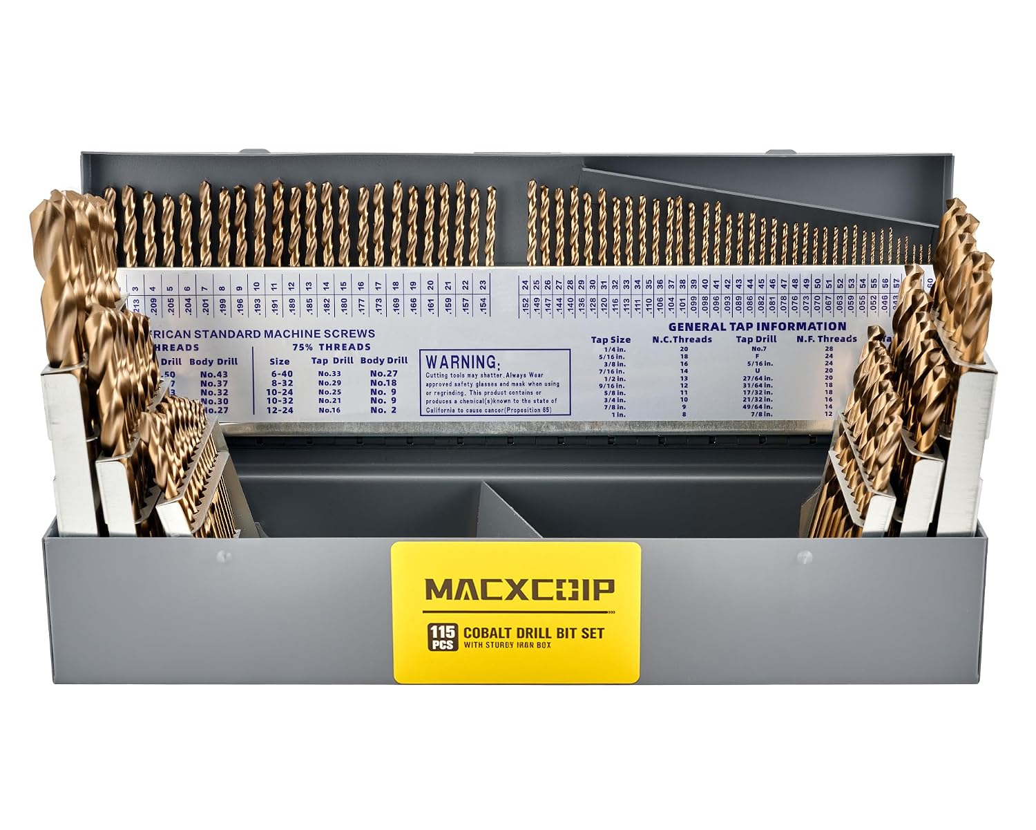 Cobalt Drill Bit Set, 115Pcs M35 High Speed Steel Bits for Hardened Metals, Stainless Steel, Cast Iron and Wooden Plastics, with Sturdy Iron Box