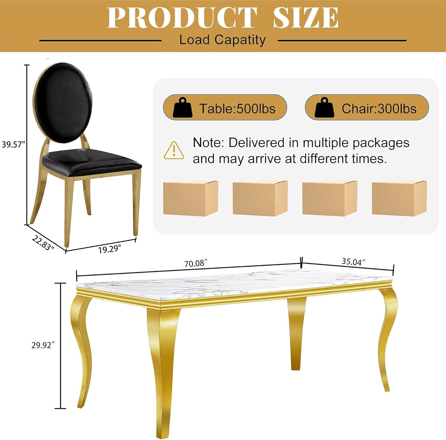 AF ARTISAN FURNITURE Modern Marble Dining Table Set of 6-70' Faux Marble Kitchen Table with 6 Leather Chairs, White Marble Top & Gold Mirrored Stainless Steel Legs, 6 Pieces Black High Back Chairs