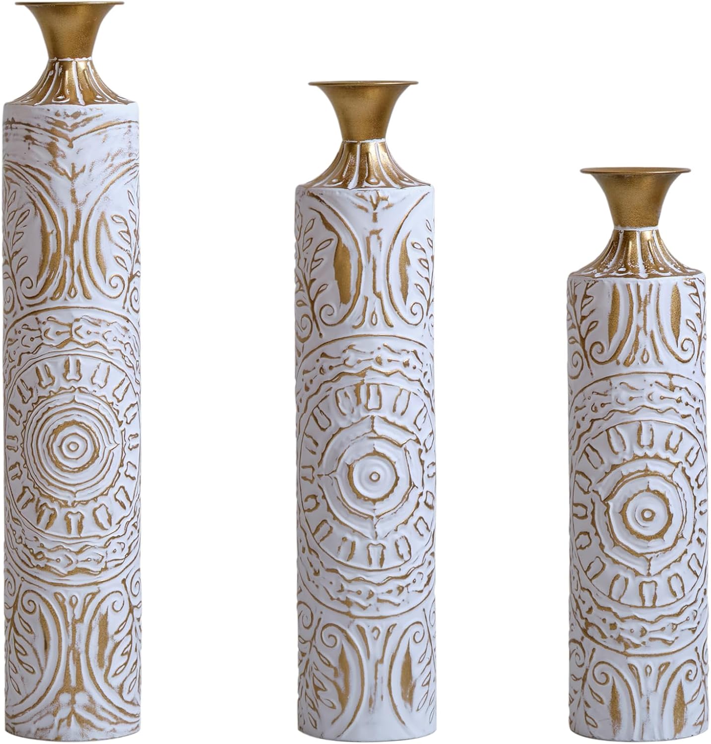 Metal Floor Vase Set - 3D Floral Relief Cylinder Vases for Living Room, Entryway & Office Decor, 24in/28.7in/33.5in Rustproof Tall Standing Home Décor (White+Gold Pattern)