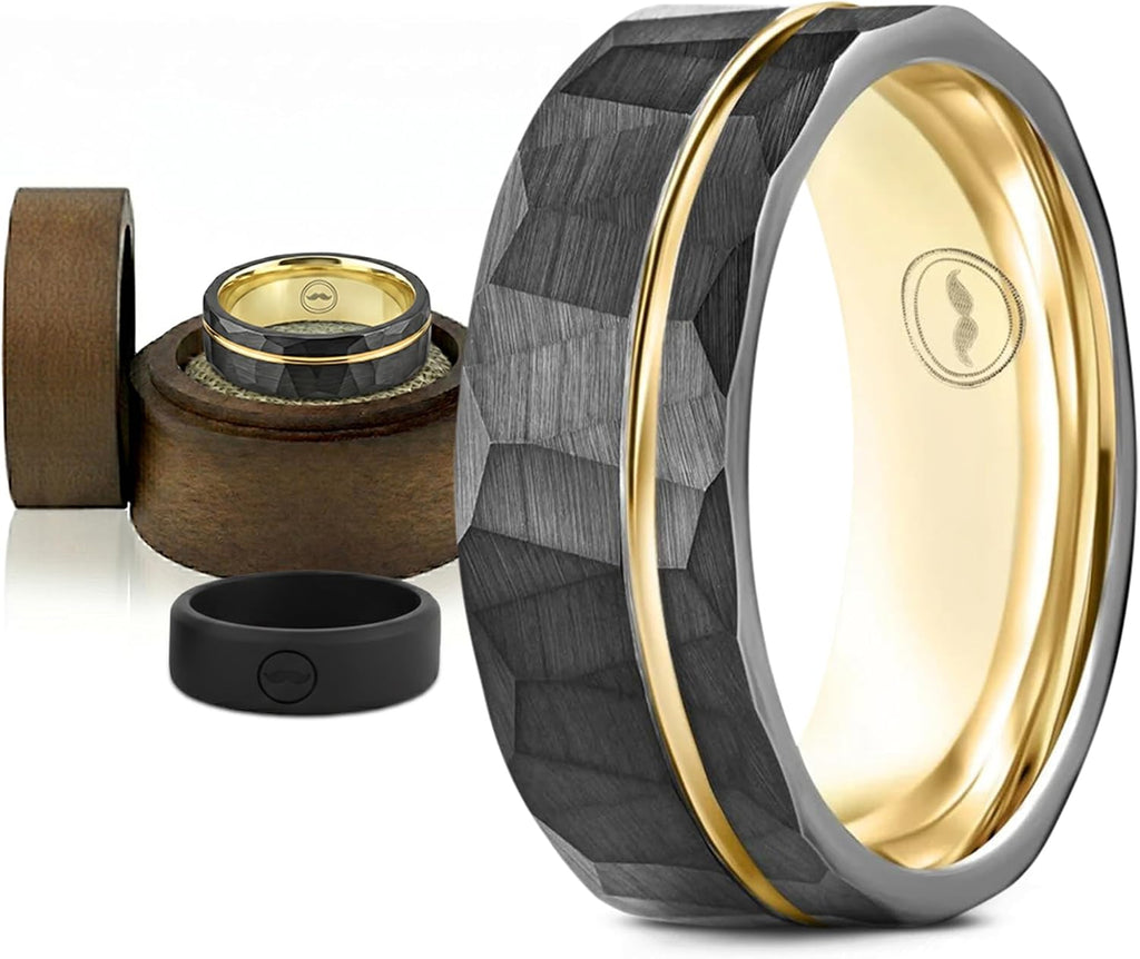 Gentlemen's Bands 8mm Black Hammered Tungsten Men's Wedding Band With Thin Gold Strip and Gold Interior | Engagement, Promise Ring For Men | Includes Silicone Band, Walnut Box, Leather Pouch Set,