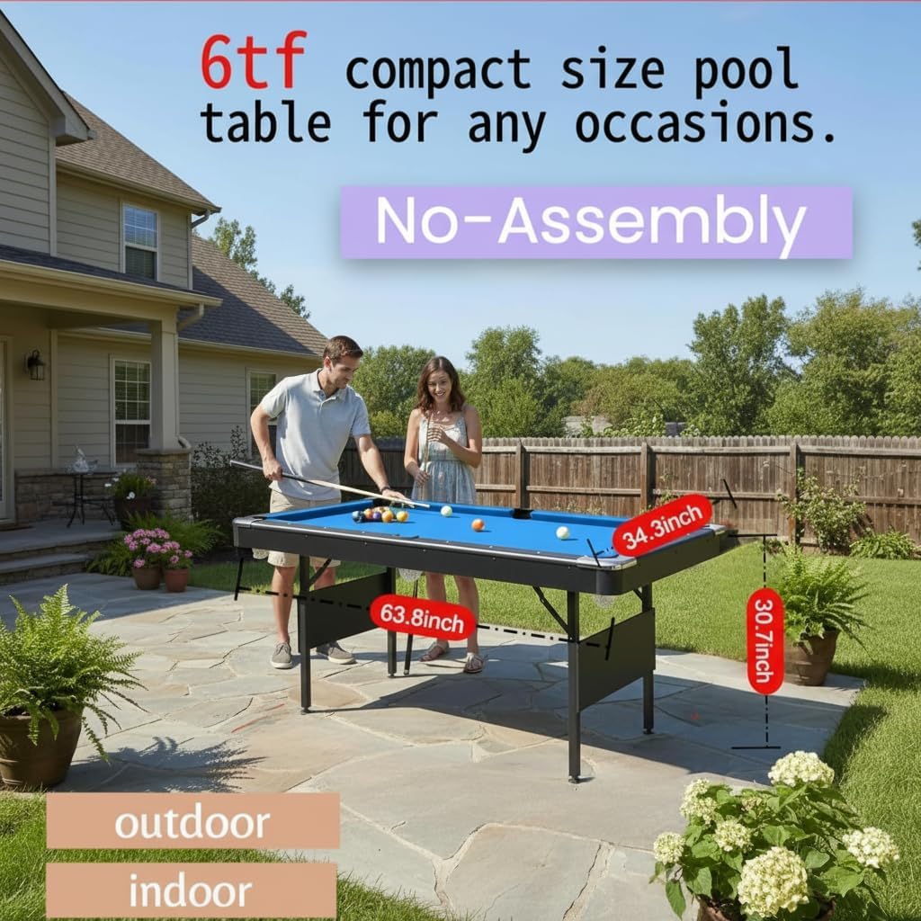 6 ft Foldable Pool Table with Steel Frame, Stable Billiard Tables with Safety Anti Collapse Locks, Heavy Duty Billiard Game Includes Full Set of Balls, 2 Cue Sticks, Chalk and Felt Brush