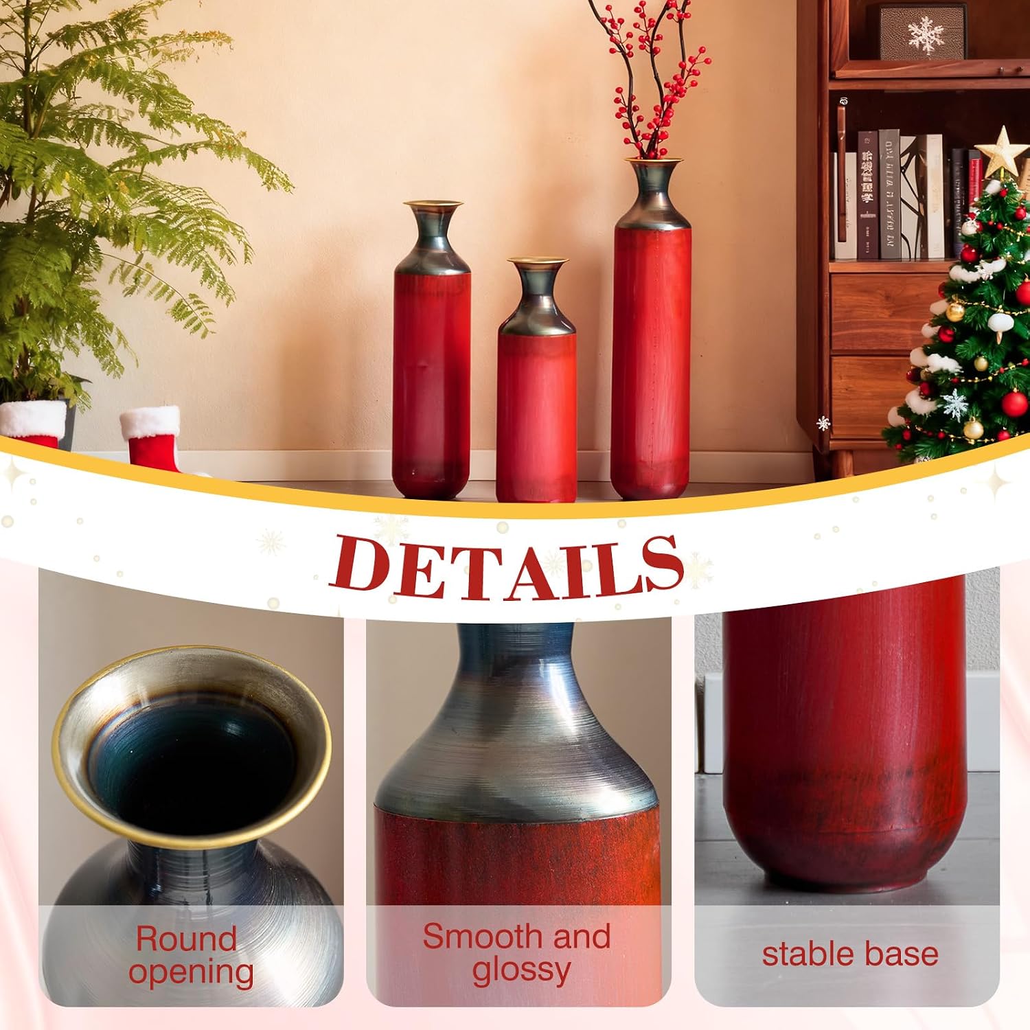 Floor Metal Decorated Vases Set of 3 for Gorgeous Home Decoration Large Glazed Metal Vases (Red)