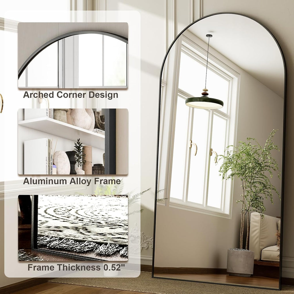 HARRITPURE 71'x30' Arched Full Length Mirror Free Standing Leaning Hanging Mounted Mirrors Aluminum Frame Modern Simple Home Decor for Living Room Bedroom Cloakroom, Black